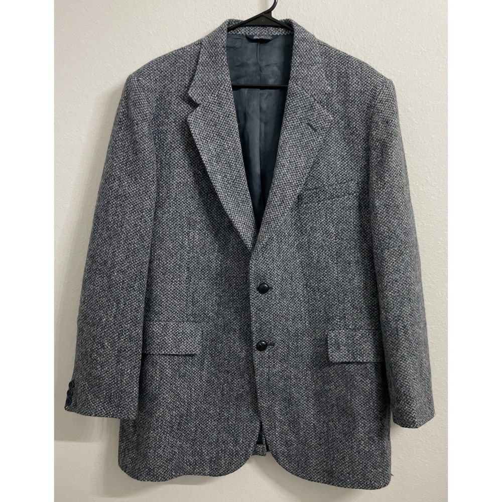 HARRIS TWEED Mens‎ Sz 46 Blue Multi Pure Scottish Wool Button Jacket Blazer EXC
